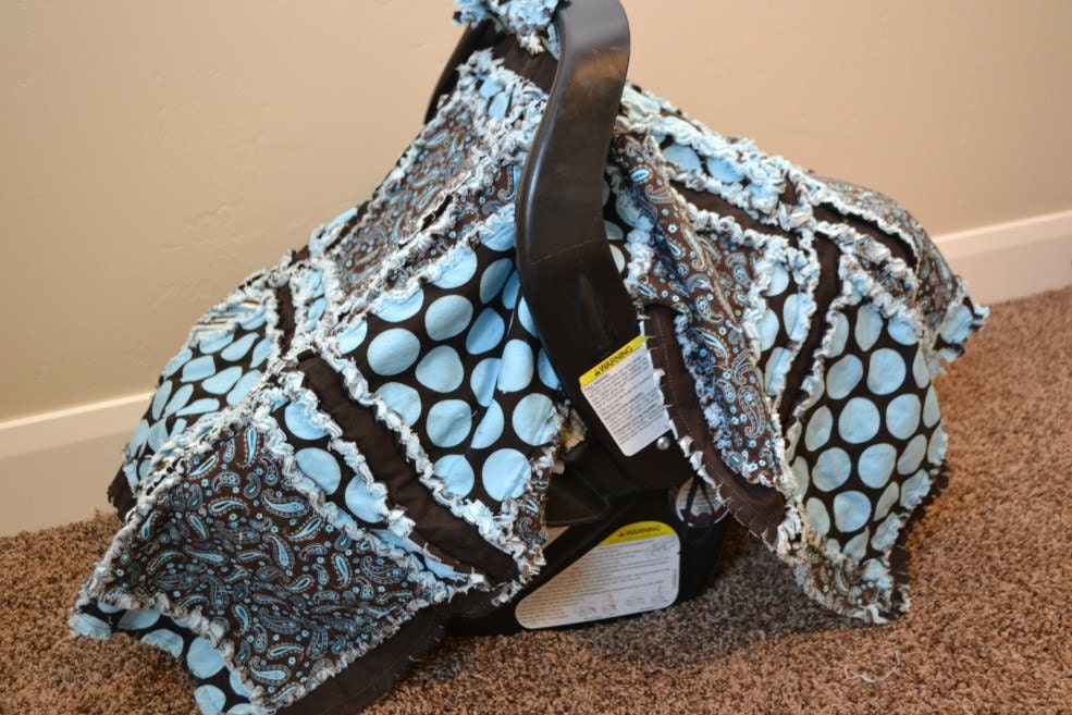 Car Seat Cover, Baby Carseat Canopy, Nursing Quilt, Blue Brown Polka Dot, Made to Order