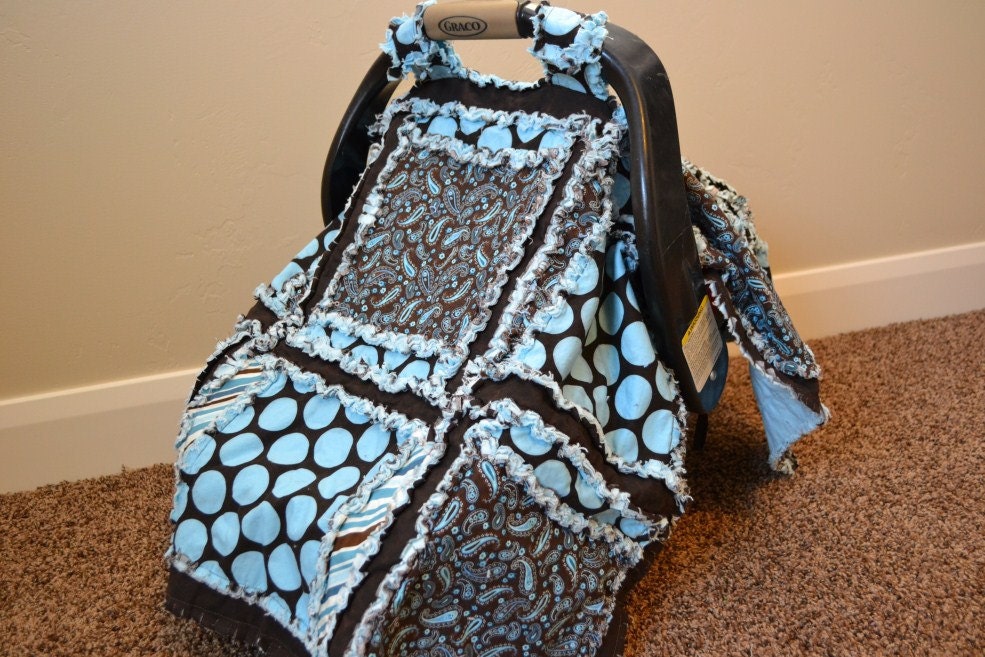 Car Seat Cover, Baby Carseat Canopy, Nursing Quilt, Blue Brown Polka Dot, Made to Order