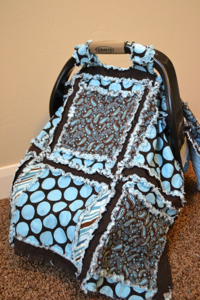 Car Seat Cover, Baby Carseat Canopy, Nursing Quilt, Blue Brown Polka Dot, Made to Order