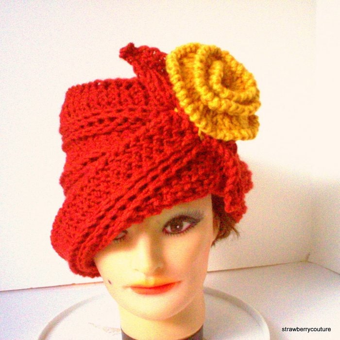 Womens Crochet Hat - Crochet Cloche Hat - Terra Cotta Hat with Sungold Flower - Winter Accessories - Winter Fashion Spring Fashion