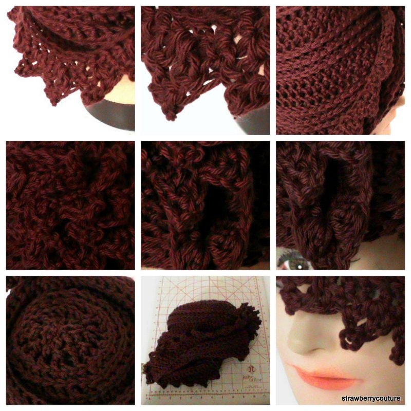 Womens Crochet Hat - Crochet Cloche Hat - Cotton Hat in Aubergine - Crochet Flower and Leaf - Spring Accessories Spring Fashion