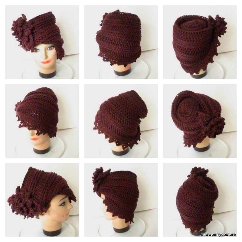 Womens Crochet Hat - Crochet Cloche Hat - Cotton Hat in Aubergine - Crochet Flower and Leaf - Spring Accessories Spring Fashion
