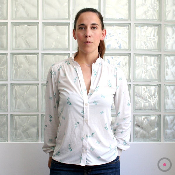 SALE // Vintage white Blouse with Teal butterflies from the 70s