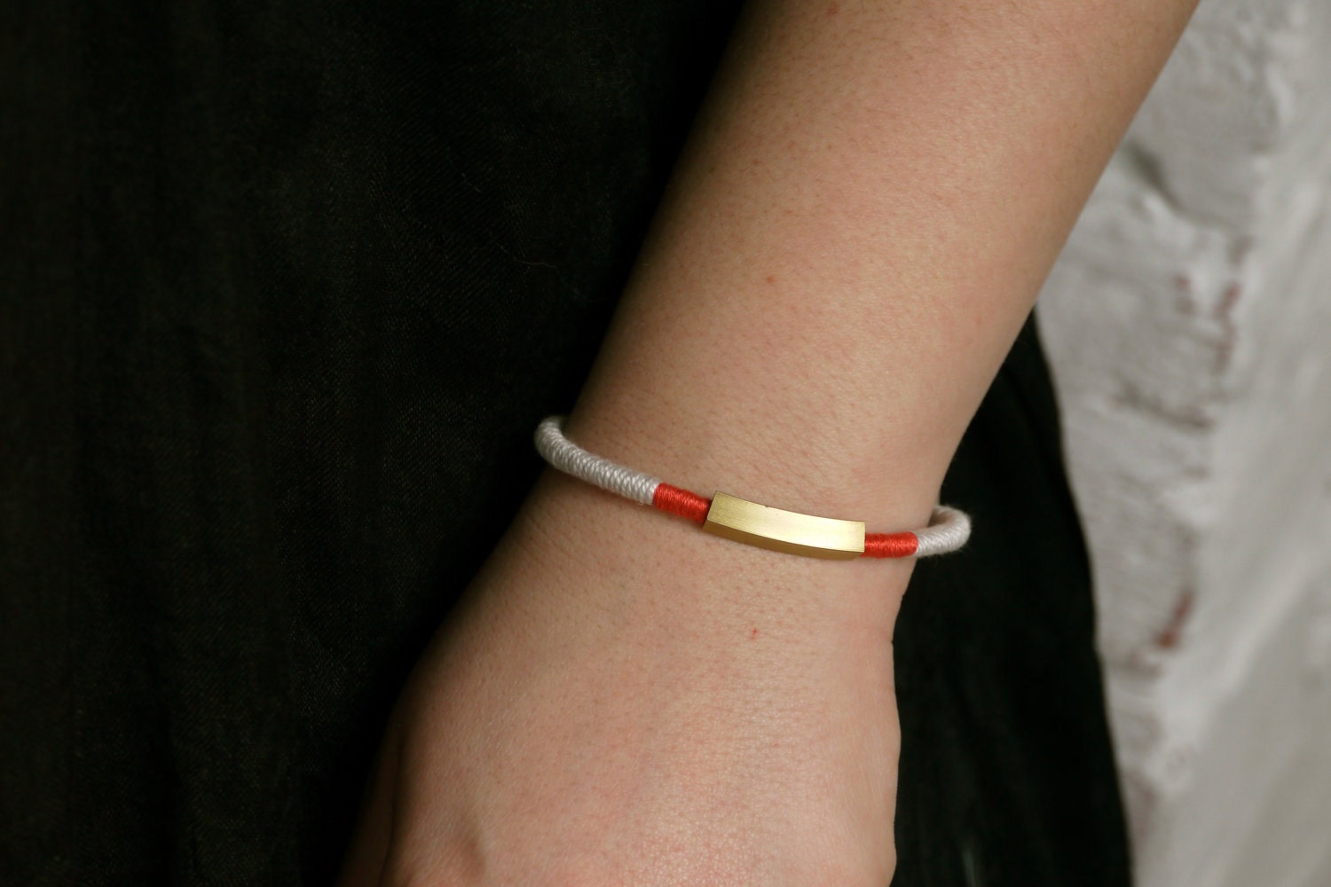 Carmine Pink and Brass - cotton thread wrapped Bracelet