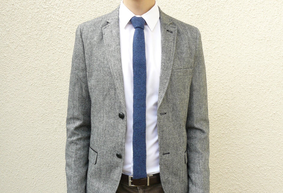 Denim Blue Retro Necktie Knitted in Luxury Lambswool - MADE TO ORDER