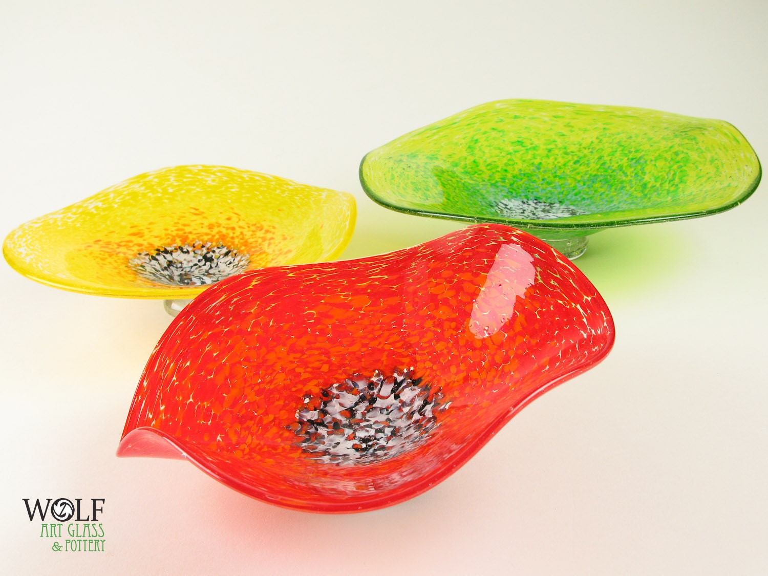 Blown Glass Wall Art Collection Set of Three Bright Poppy Flowers Red Green and Yellow
