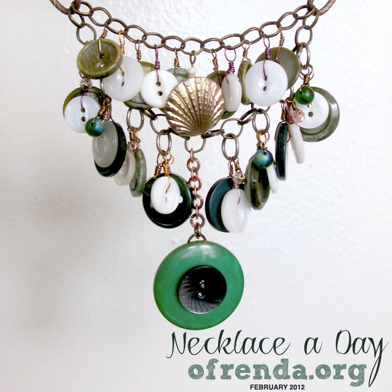 Vintage green button collage bib necklace