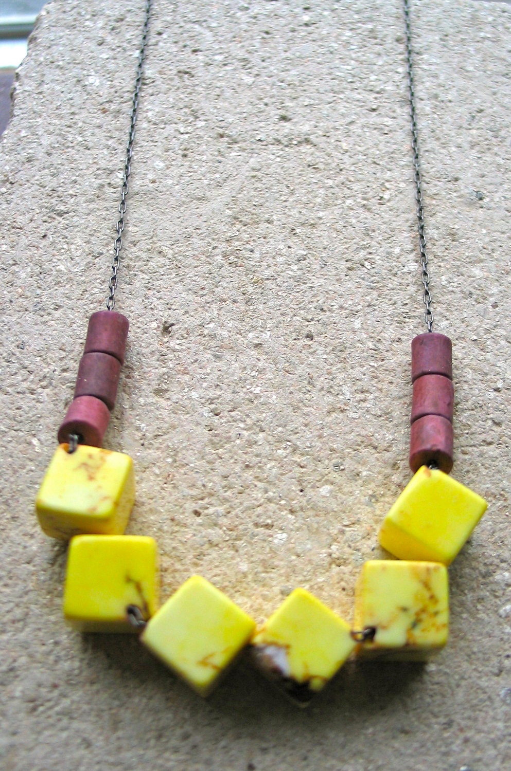 yellow and cranberry geo beaded magnesite necklace