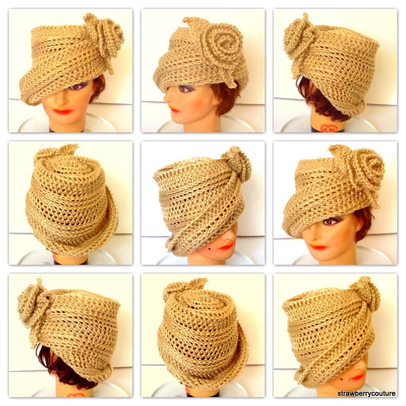 Womens Crochet Hat - Beige Crochet Cloche Hat Crochet Flower Made Acrylic Yarn - Fall Accessories Flatters All Head Sizes Spring Fashion