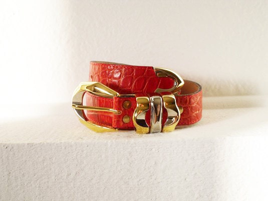 Red and Gold Vintage Stamped Alligator Leather Belt