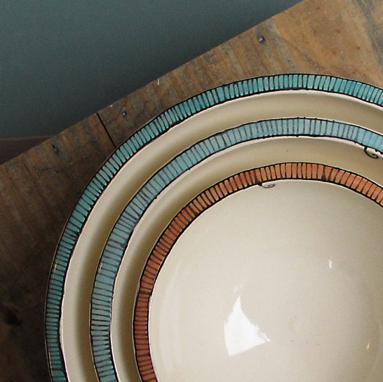 Three nesting bowls blue and orange, geometric stripe bowls, spring garden wedding gift, home decor gift for him