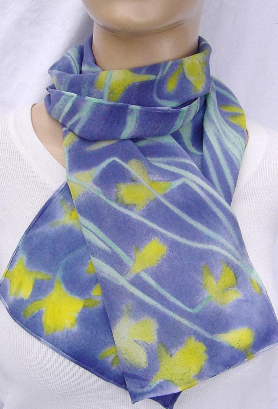 Fresh Daffodil silk crepe scarf yellow navy blue unique