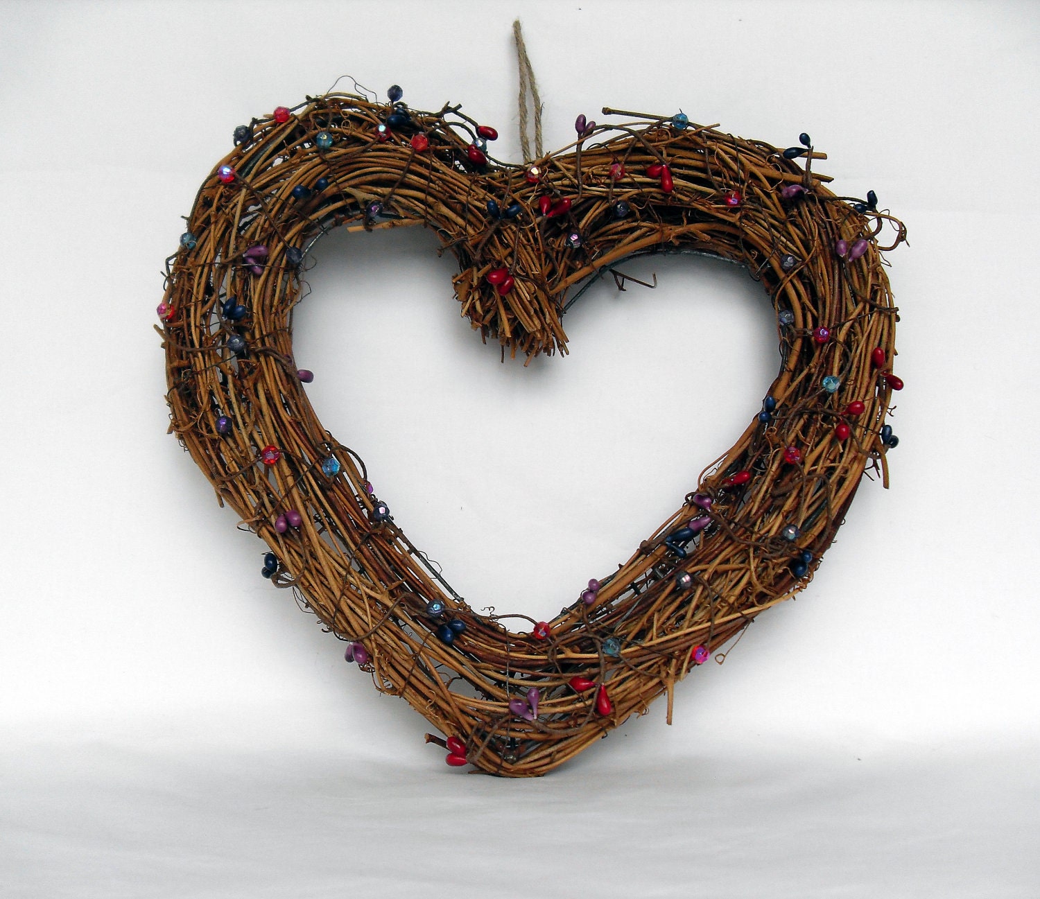 Rustic Wreath Willow Heart Wreath with colourful mixed beaded berries rustic decor door hanging gift under 15