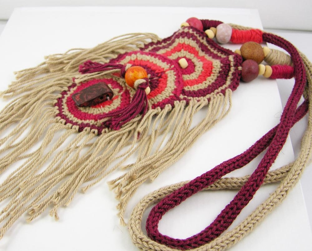 necklace crochet knit cotton ethnic inspired tribal boho african ecru burgundy tangerine tbteam therougett