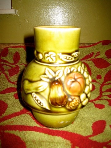Vintage Japanese Glazed Ceramic Vase Green Fruit Motif - Pears, Apples Grapes, Pea pods, Kiwi, Zucchini, Ivy, Leaves