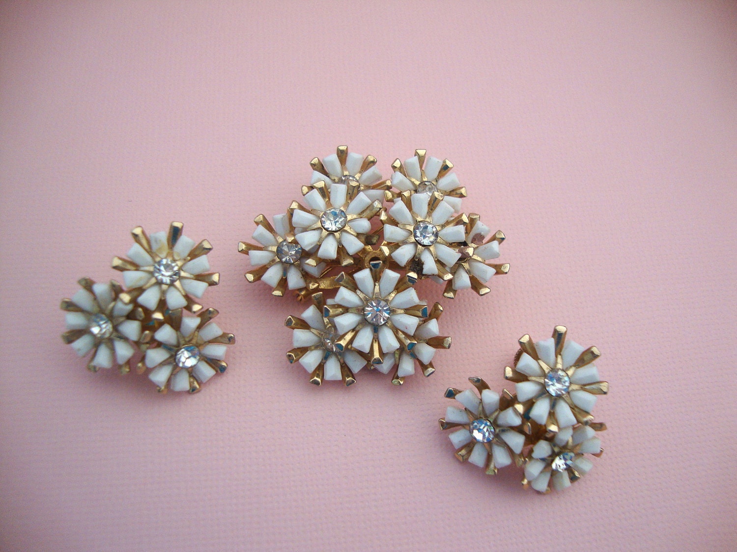 Coro Demi Parure - White Enamel n Rhinestone Brooch and Earrings