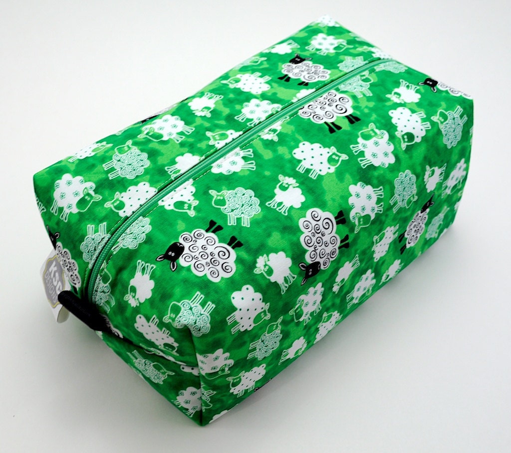 Large Box Bag, Cosmetic Case or Project Bag - Green, Black and White Sheep and Swirl Fabric