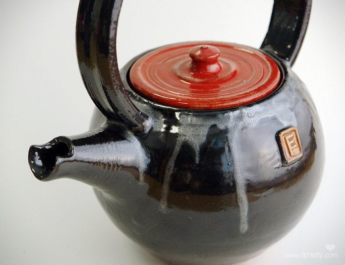 Teapots - Kettles - ceramics - pottery handwork - small ceramic teapot - Kettle black and red - the volume of 0.9 liter