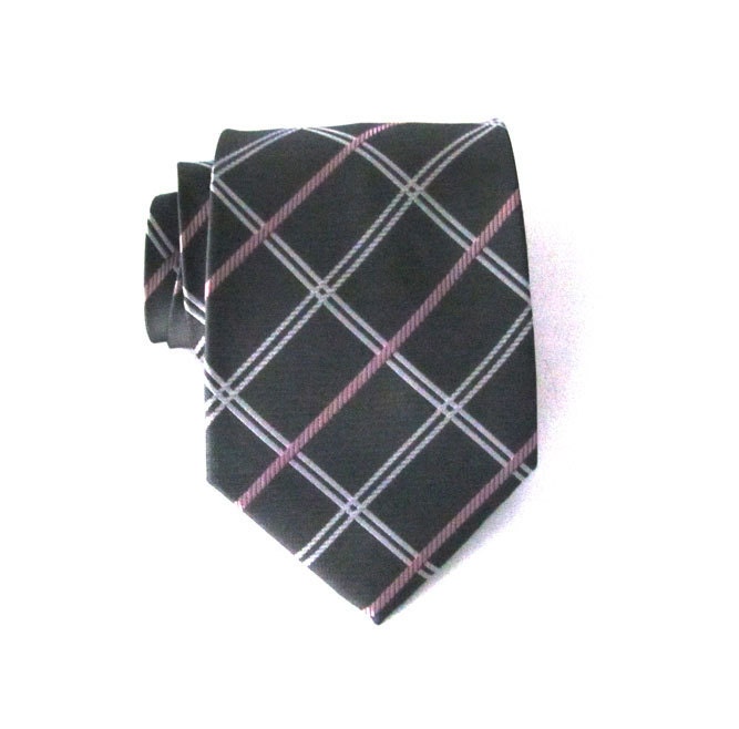 Mens Tie - Gray Pink and White Plaid Silk Necktie