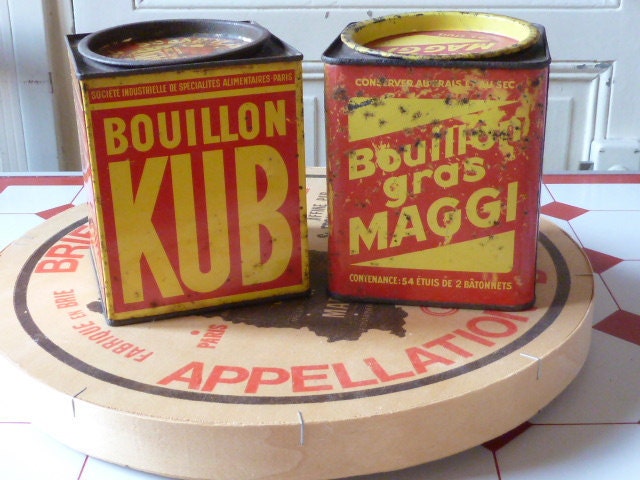 Set Old 2  French tin boxes Bouillon KUB and MAGGI  Shabby chic  1960s