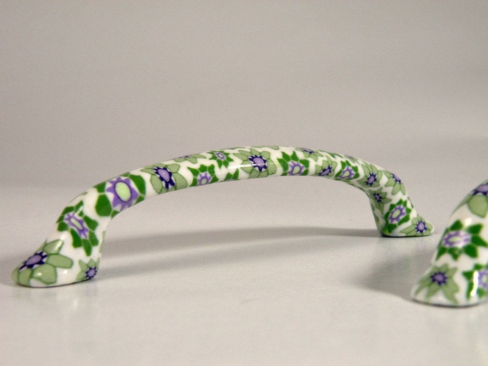 Set of two Stylish Handle... Door, Drawer Pull with Green and Purple Flowers...