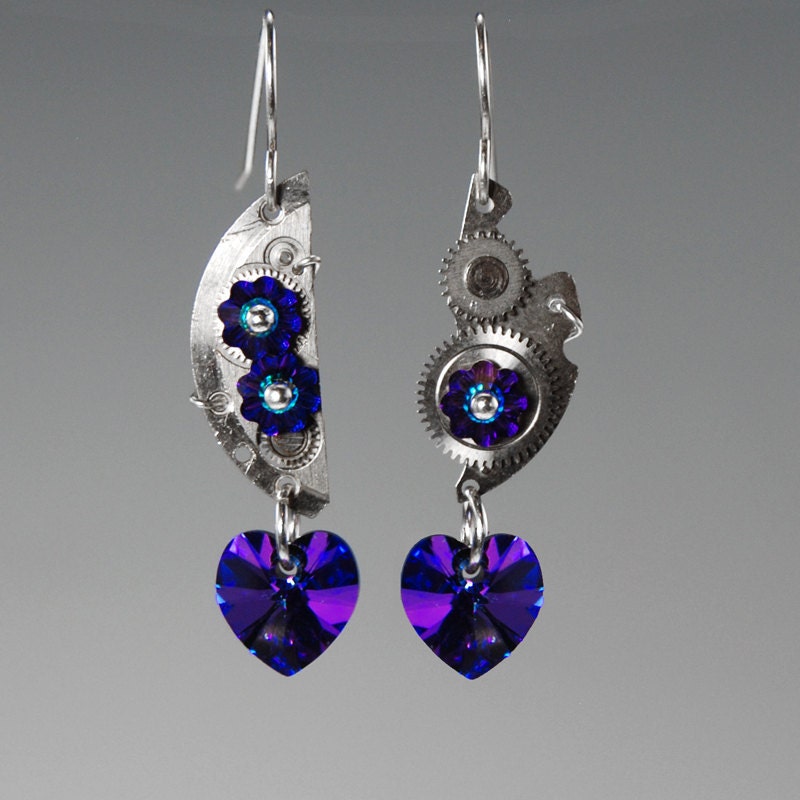 Machine II v8: Asymmetrical Steampunk industrial earrings with heliotrope Swarovski crystal accents