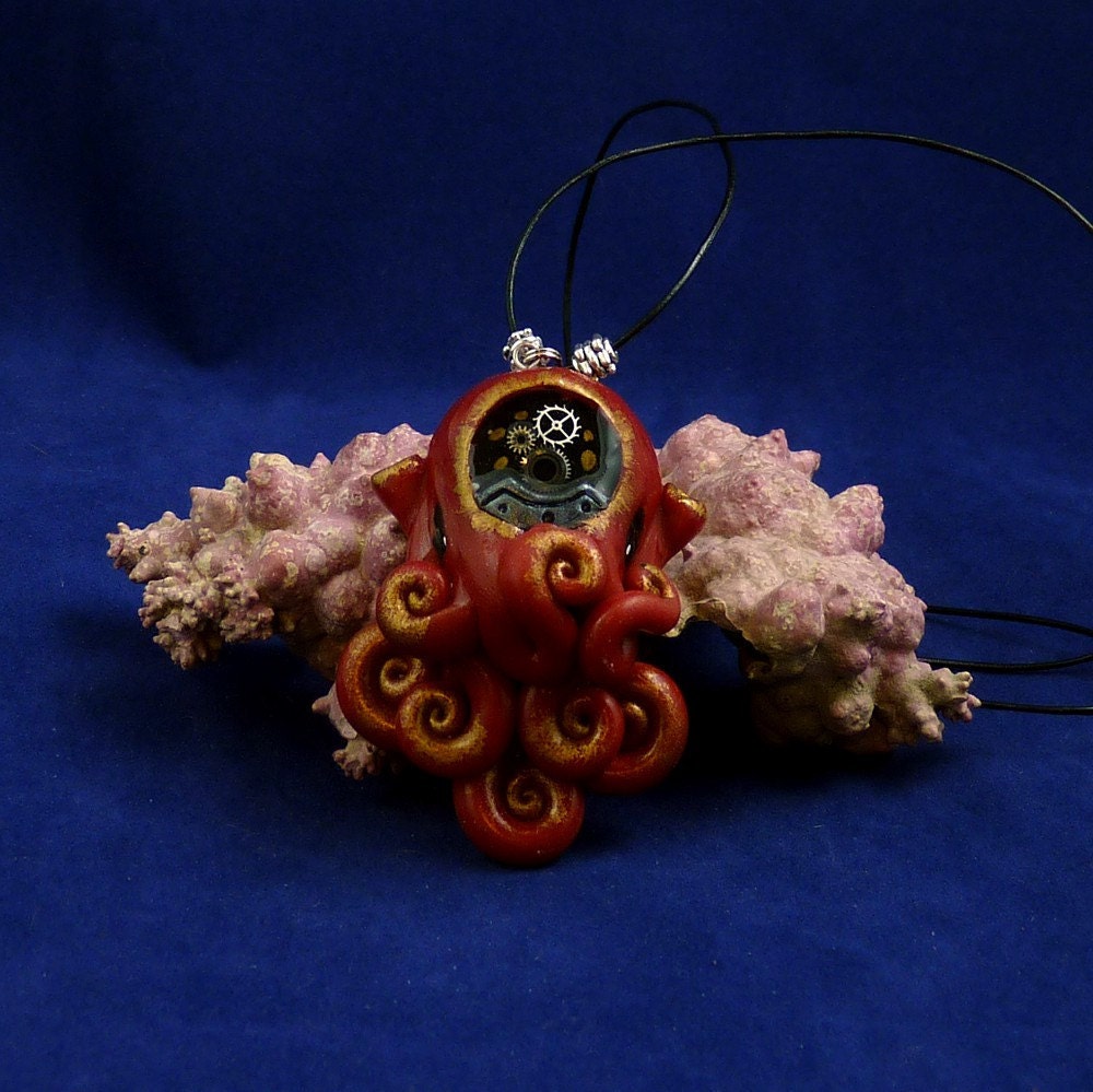 Gilded Steampunk Octopus Necklace - Polymer Clay Steampunk Jewelry