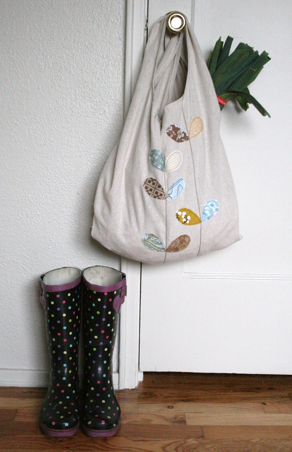cotton market tote bag with mustard & aqua leaves
