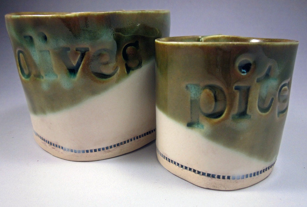 Olives and Pits Serving Set in Matte Eggshell White with Warm Green and Phosphorescent Aqua