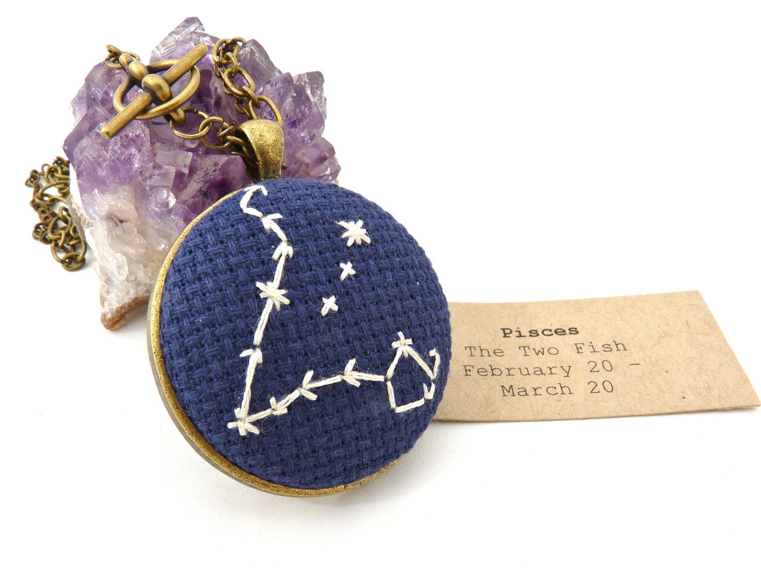 Pisces Zodiac Constellation Cross Stitch Embroidery Necklace on Brass Double Chain By zelmarose