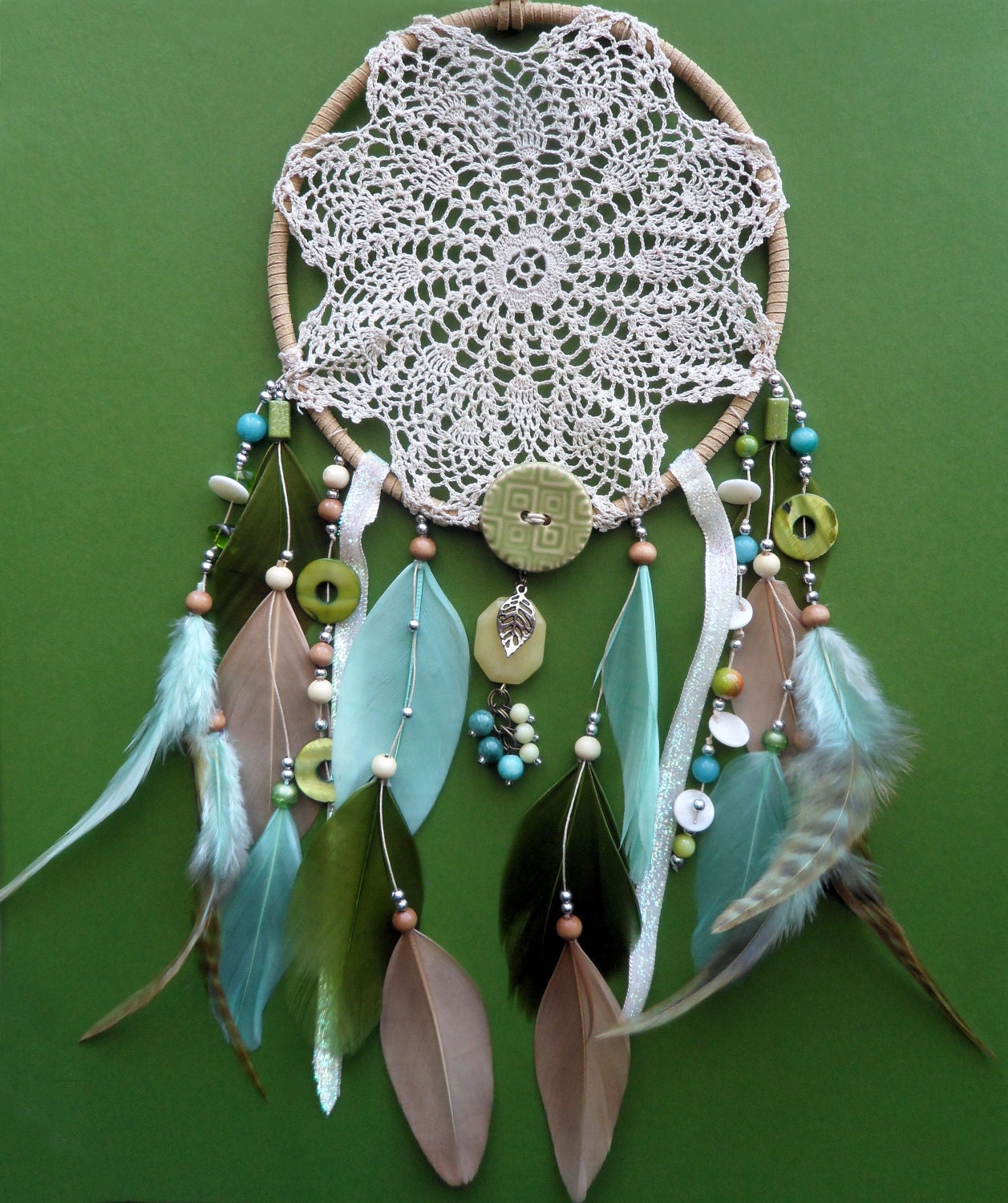 Dream Catcher - Doily - Unique - Modern - Beaded - Green, blue, pink, yellow
