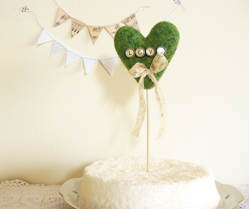 Woodland Needle Felted Mossy Heart Wedding Cake Topper with Love Sign Cream Vintage Typewriter Keys Something Old by Mycherrytree
