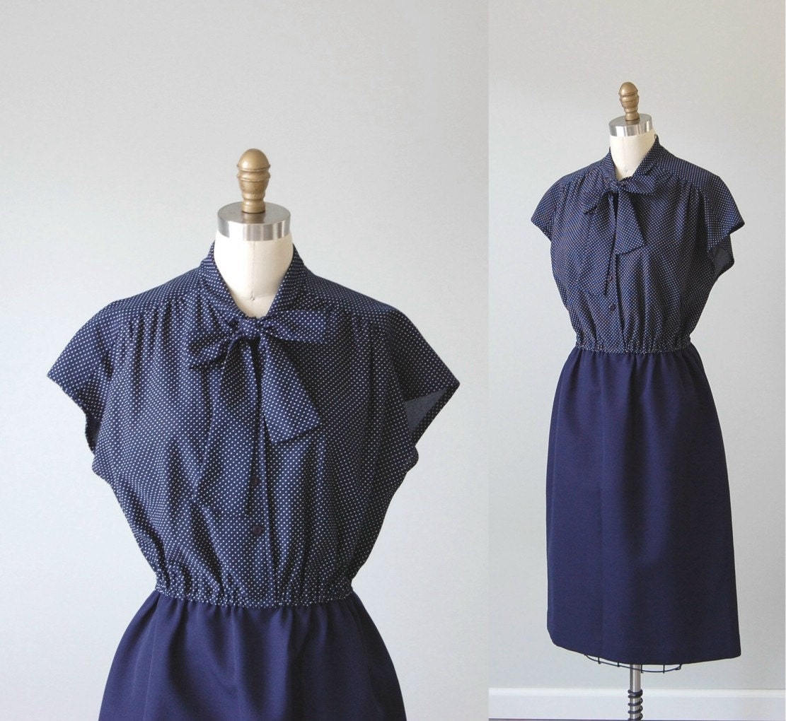 1970s Secretary Dress / Vintage Short Sleeve Navy Blue Day Dress / Polka-Dot Bow Tie