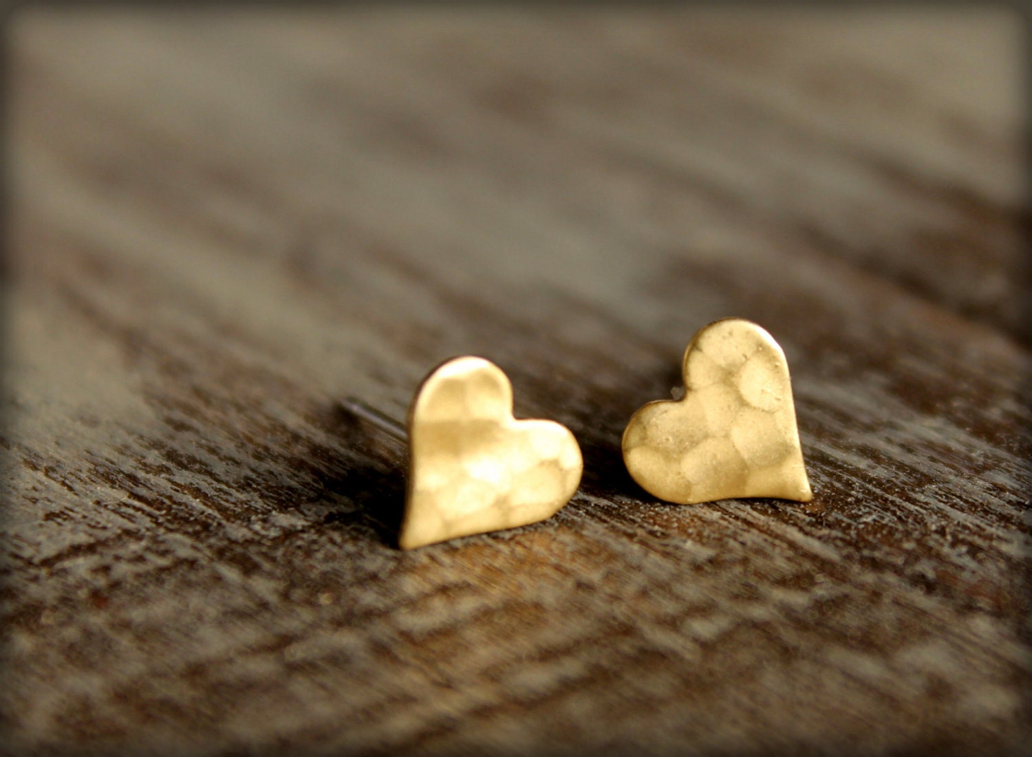 Hammered Heart Earring Studs in Raw Brass, Surgical Steel Posts