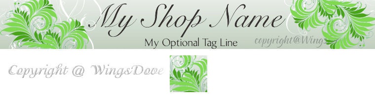 Green Feather Flower Pre-made Etsy Shop Banner and Avatar / Web Banner / Blog Banner - OOAK (445)