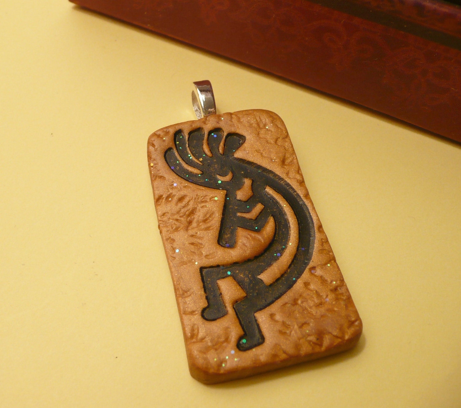 Kokopelli Pendant Southwestern Native American gold black - handmade polymer clay jewelry