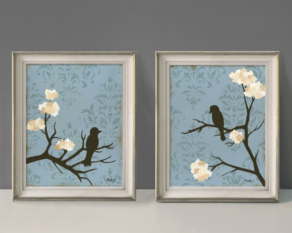 Shabby Wall Decor Love Birds Prints, Cottage Chic, Blue and cream, Large Prints, Set of Two, 11 x 14 inches