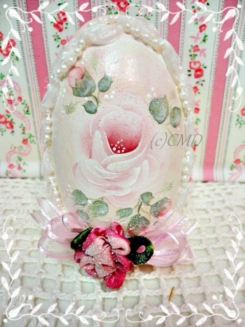 Pink Goose Egg, Hand Painted Rose and Rosebud Charm, CSST, ECS
