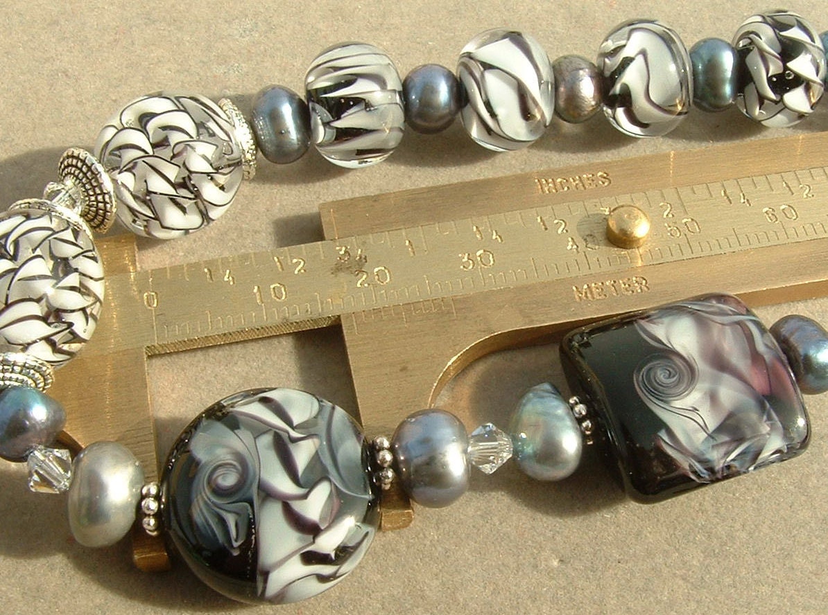SALE Lampwork Bead Set, Black and White Ribbon Cane, Lentil Nugget and Rounds