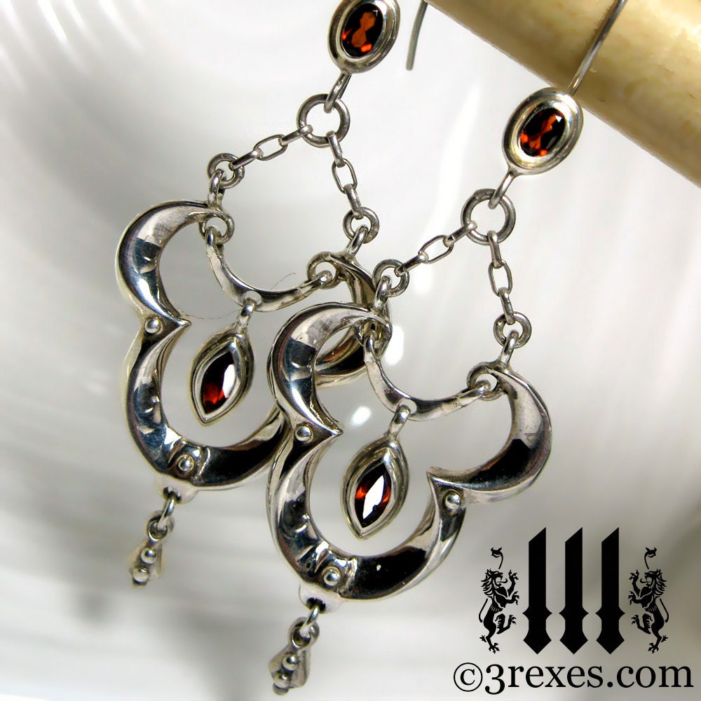 Sterling Silver Exotic Earrings, Moorish Marquise, Gothic Garnet