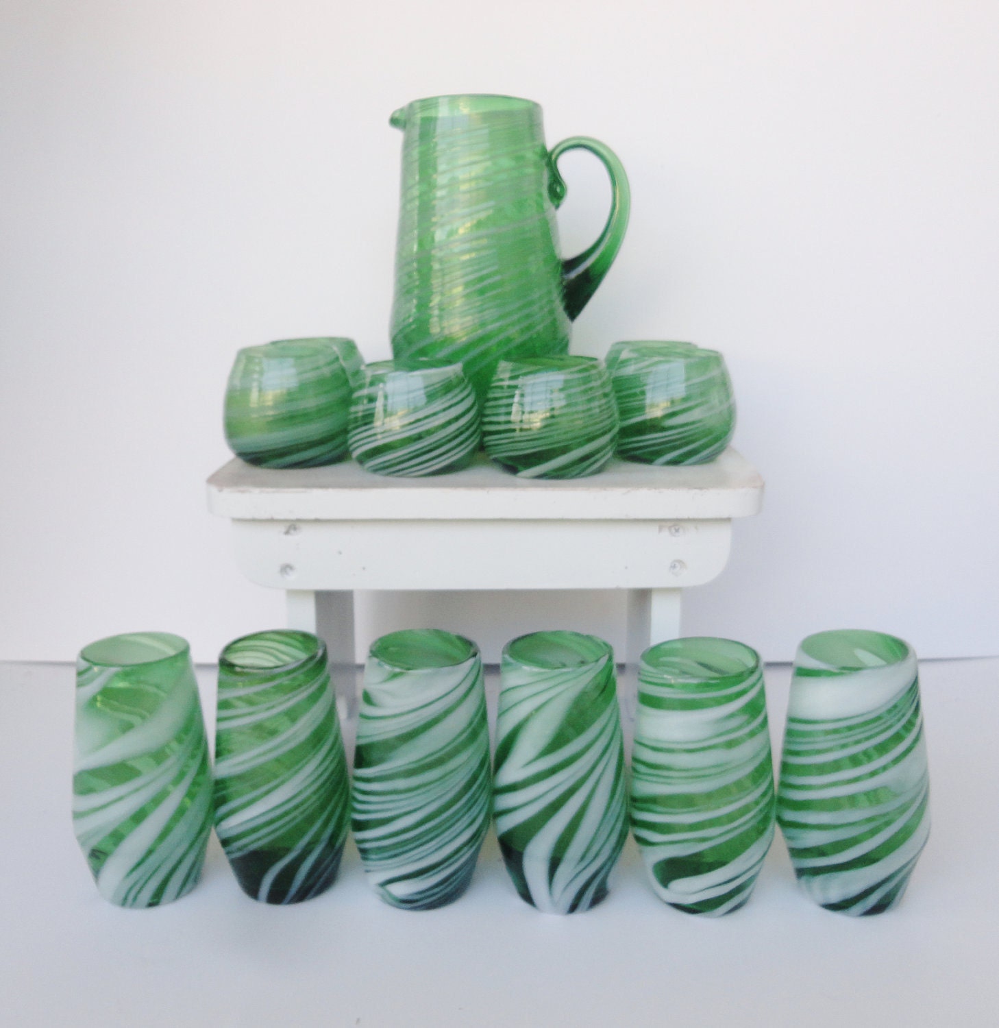 Green and White Hand Blown Glass Drink and Pitcher Set