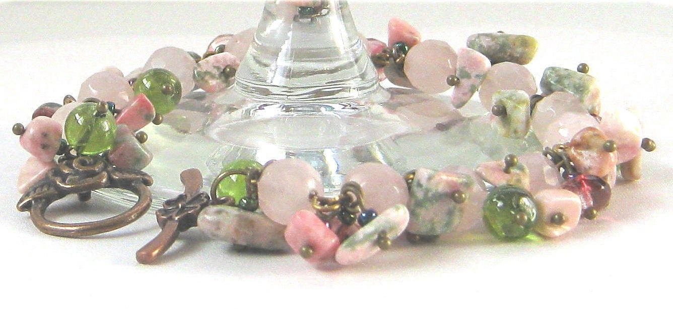 Gemstone Beaded Bracelet Pink Rose Quartz Green Peridot Spring Summer Fashion Jewelry