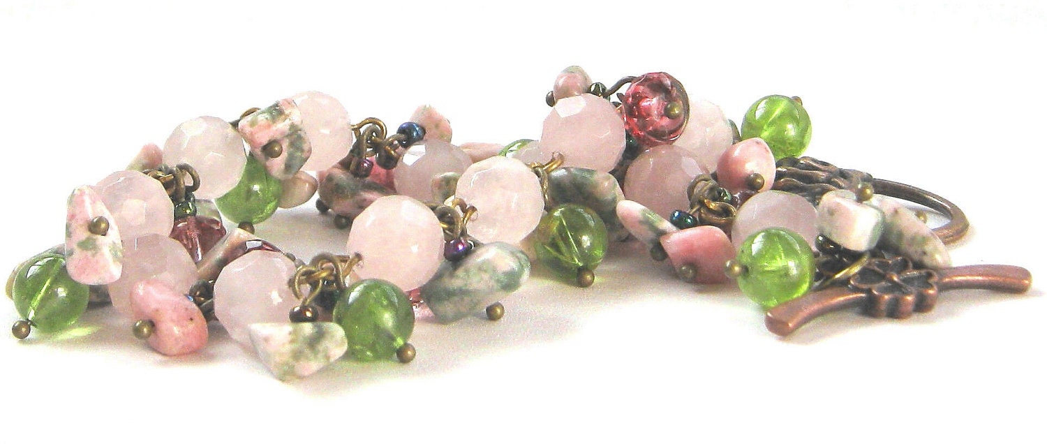 Gemstone Beaded Bracelet Pink Rose Quartz Green Peridot Spring Summer Fashion Jewelry