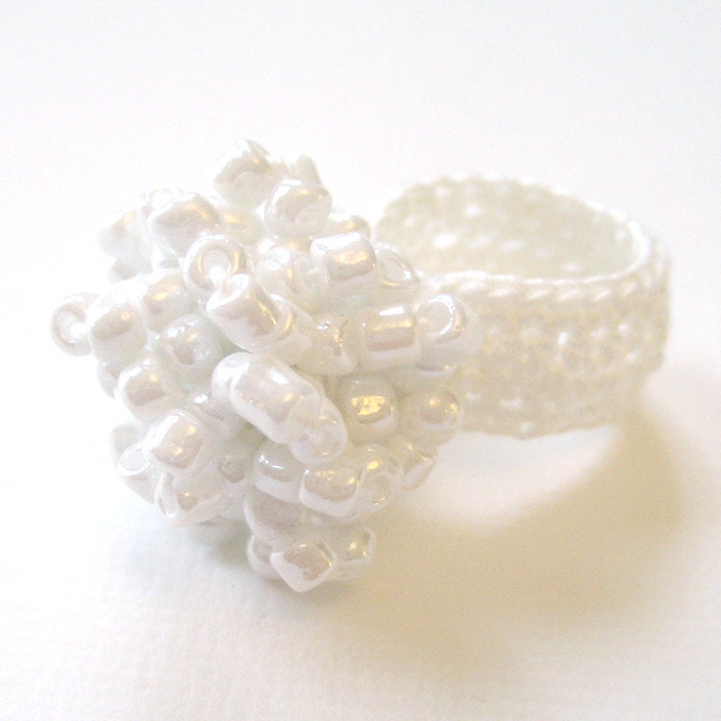 Crocheted Beaded Cocktail Ring - Retro Snowball