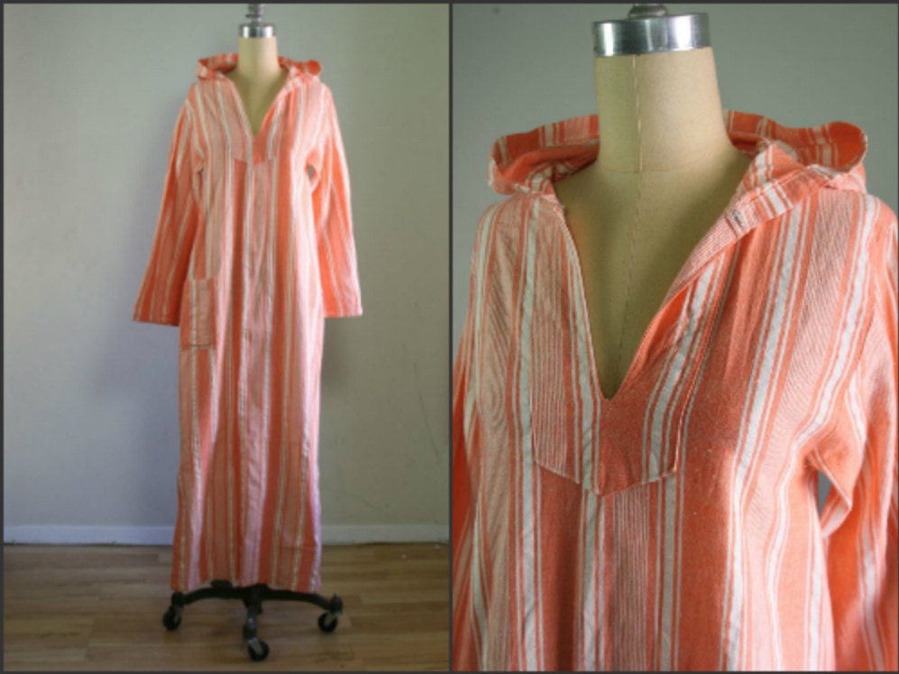 1960s peach striped hooded beach cover up / 60s coral hand woven caftan