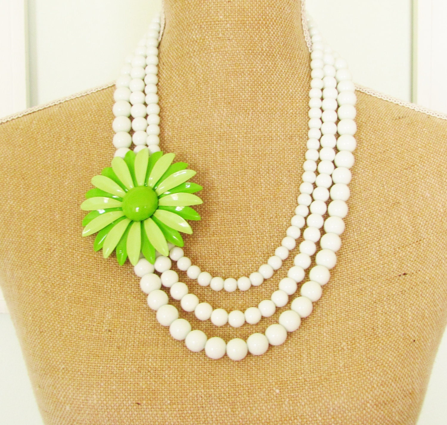 Vintage Enamel Flower Necklace Apple Green Daisy Asymmetrical Triple Strand White Glass Statement Necklace OOAK