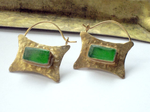 Free Shipping - Gold and Sea glass hoops goldplated brass with hand cut Emerald mediterranean Sea Glass