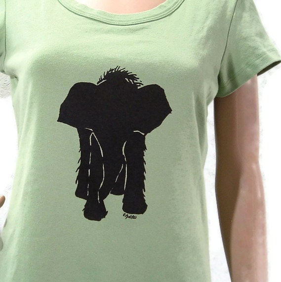 Baby Elephant Screenprinted Tee Moss Colored Shirt with Black Ink