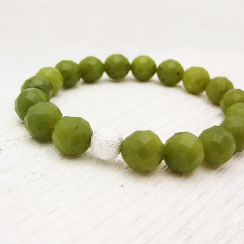 Bloodstone Bead Bracelet with Solid Sterling Silver Stardust Ball : faceted green fresh stacking lime fruit inspired