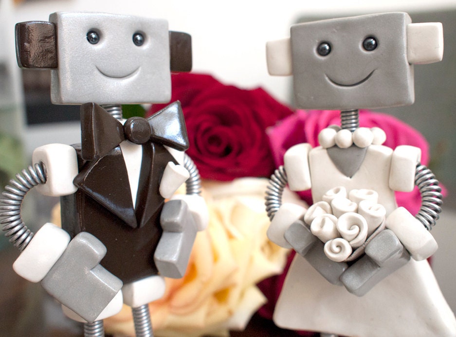 Custom Robot Wedding Cake Topper  MADE TO ORDER Robot and Bride Groom - Clay and Wire